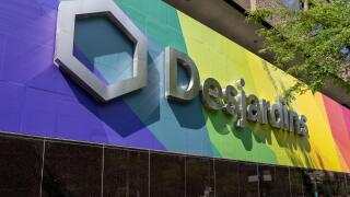 Montreal, QC, Canada - September 4, 2021: Desjardins sign at Complex Desjardins in Montreal, QC, Canada.