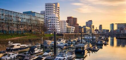 Medienhafen harbour skyline in Dusseldorf, Germany
