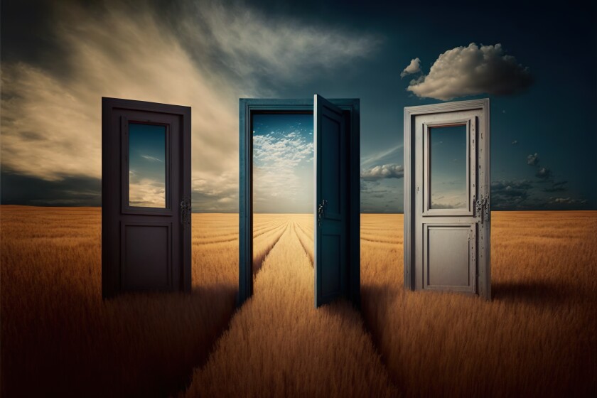 three doors open in a field with a sky background and clouds ab