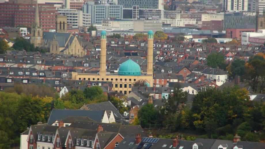 A view of Sheffield city skyline featuring the blue dome of Madina Masjid  (mosque) Wolseley Road Sheffield Yorkshire England UK