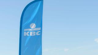 Hasselt. Limburg - Belgium 01-10-2023. Advertising highly portable flag of IBS Bank on a background of blue sky, space for text