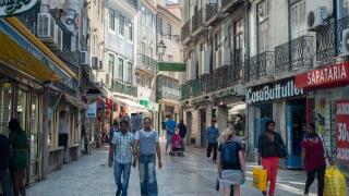 General view of Rue Barros Queiros which was the first pedestrianised street in Baixa, Lisbon, Portugal