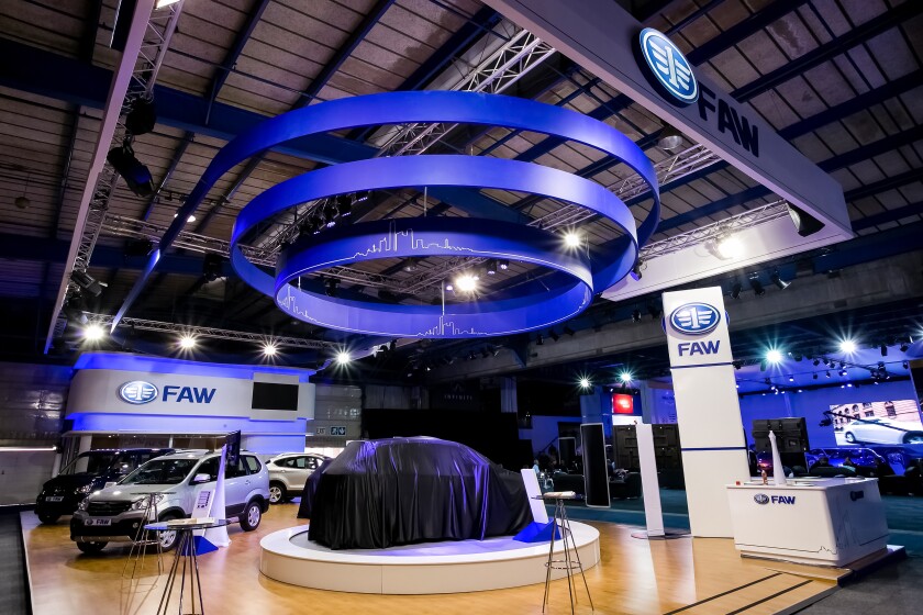 JOHANNESBURG, SOUTH AFRICA - Aug 05, 2021: FAW brand cars stand at Motor Show. Johannesburg, South Africa.