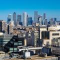 View of Canary Wharf skyscrapers from The Garden at 120 at the Fen Court building with Stanza London in background, City of London, England
