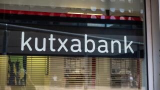 Barcelona, Spain - October 3, 2022: Facade and logo of the Kutxabank bank office in Barcelona, Catalonia, Spain