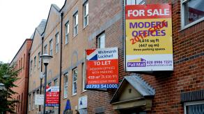 Swindon Wiltshire UK - Empty offices with For Sale and To Let sign boards in town centre