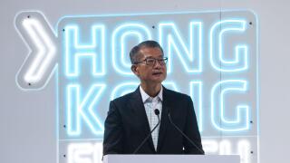 Paul Chan Mo-po, Financial Secretary, addresses at the opening of Hong Kong FinTech Week at HKCEC, Wan Chai. 03NOV21 SCMP/ K. Y. Cheng