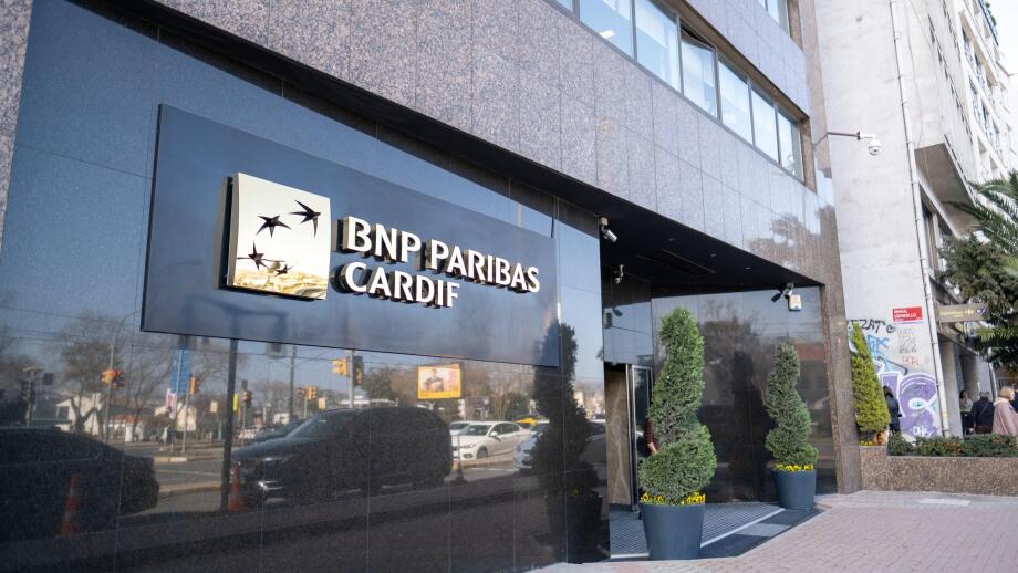 Findikli, Istanbul, Turkey - 02.26.2021: entrance of BNP Paribas Cardif Hotel near coast road
