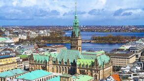 Aerial view of Hamburg cityscape with Rathaus and Alster Lake