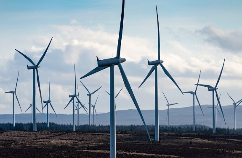 Many wind turbines at Scottish Power Renewables Whitelee Wind farm in East Renfrewshire, Scotland, UK
