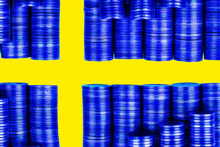 swedish money flag constructed from stacks of coins