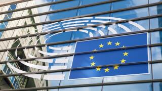 Logo of the European Parliament at the facade of European Parliament building in Leopold Square. August 21, 2015 in Brussels, Be