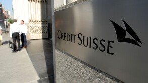 A sign for the New York headquarters of Credit Suisse First Boston on their Madison Ave headquarters