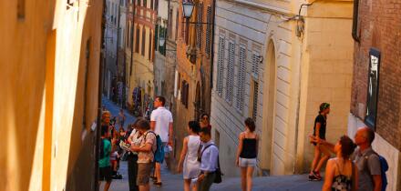 The view down Costa dell'Incrociata in Siena, Italy.