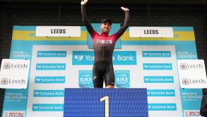 Team Ineos' Chris Lawless takes the podium after winning overall during stage four of the Tour de Yorkshire.