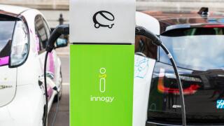 Berlin, Germany - April 14, 2017: Electric cars recharging batteries at a recharge point of the company Innogy in Berlin, Germany