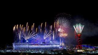 Fireworks going off on top of the olympic stadium and Orbit during the closing ceremony of the London 2012 Olympic Games at the Olympic park, London, Great Britain, 12 August 2012.