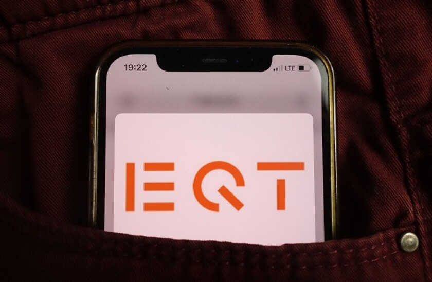 KONSKIE, POLAND - August 17, 2021: EQT AB Group logo displayed on mobile phone hidden in jeans pocket