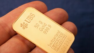 A 50g gold ingot issued by the Swiss bank UBS.