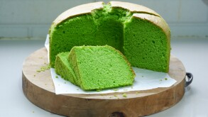 Sliced of fluffy pandan chiffon cake-green-esg-adobe-2022