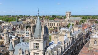 A high angled view of the historic architecture in Cambridge England. This university city is a popular destination in England