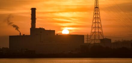 Derry, Northern Ireland- Nov 7 2020: Coolkeeragh power station at sunrise