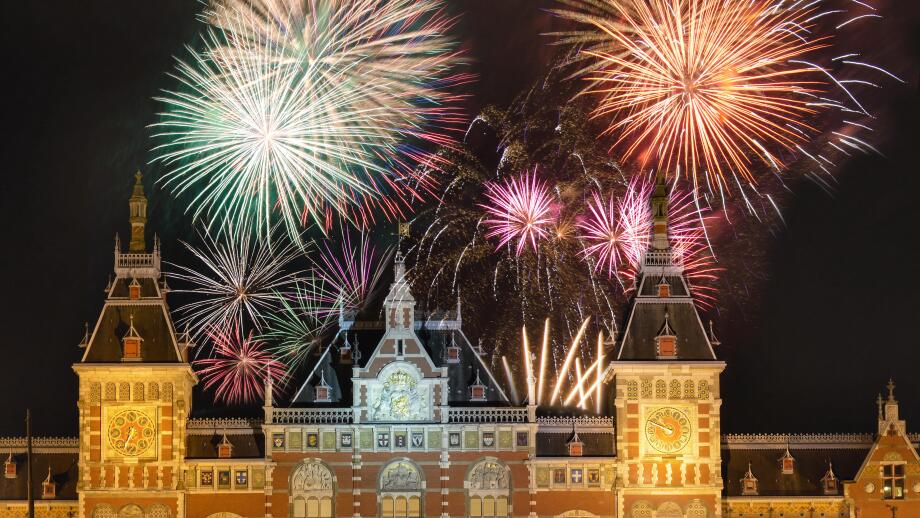 Fireworks above the Amsterdam Centraal, the main downtown metro and train station
