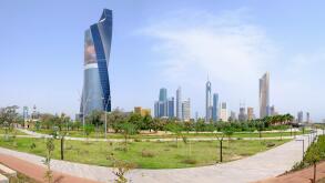 Skyline of Central Business District (CBD) from new Al Shaheed Park in  Kuwait City, Kuwait