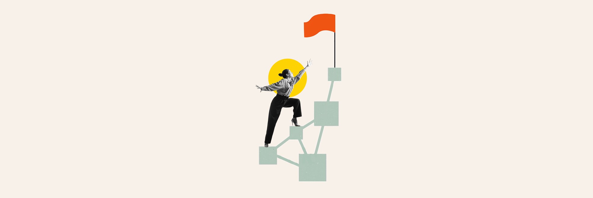 Collage of woman climbing symbolic blocks reaching for red flag
