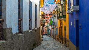 Cityscape of the architecture of La Paz in the Jaen street with its colourful Spanish colonial architecture style, Bolivia.