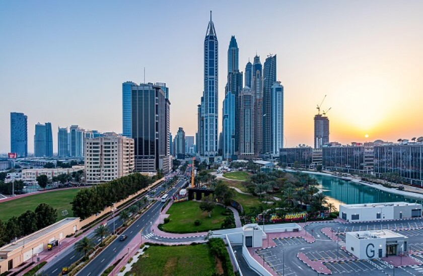 DUBAI, UNITED ARAB EMIRATES - Mar 08, 2020: Dubai Media City's skyline during sunset, with the Dubai Marina skyline appearing as well.