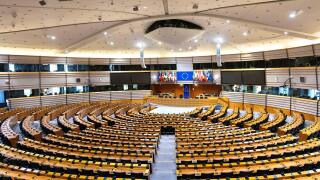 The hemicycle at Espace Leopold, European Parliament building, Brussels, Belgium
