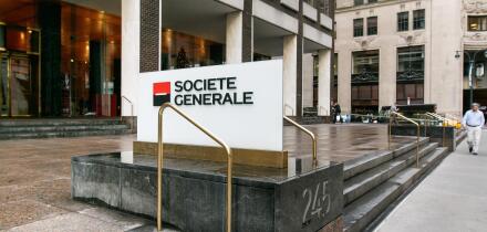 Societe Generale corporate signage by their office in midtown Manhattan.
