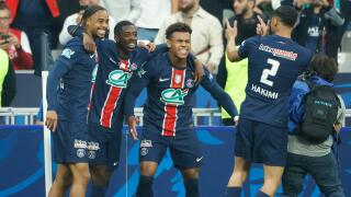 Saint Denis, France. 25th May, 2025. Bradley Barcola of PSG celebrates his goal with Ousmane Dembele, Desire Doue, Achraf Hakimi of PSG during the French Cup Final football match between Paris Saint-Germain (PSG) and Stade de Reims on May 24, 2025 at Stad