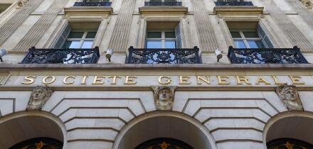 Paris, France - May 19, 2025 : Entrance to a branch of Societe Generale. located at Haussmann boulevard. It is one of the leading French banks and one