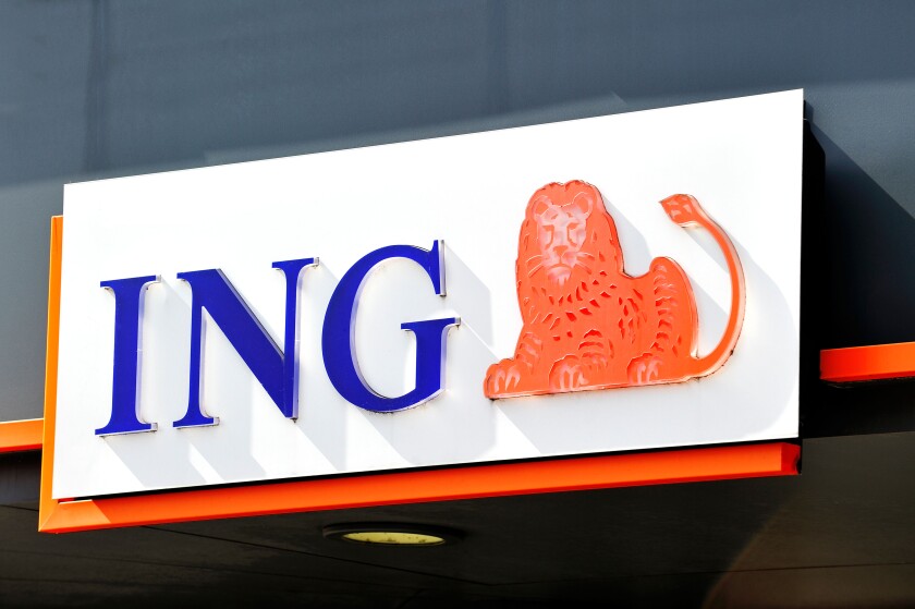 Signboard with logo of ING bank, Flanders, Belgium