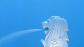 Singapore. Merlion Park. Merlion statue fountain floodlit at night.