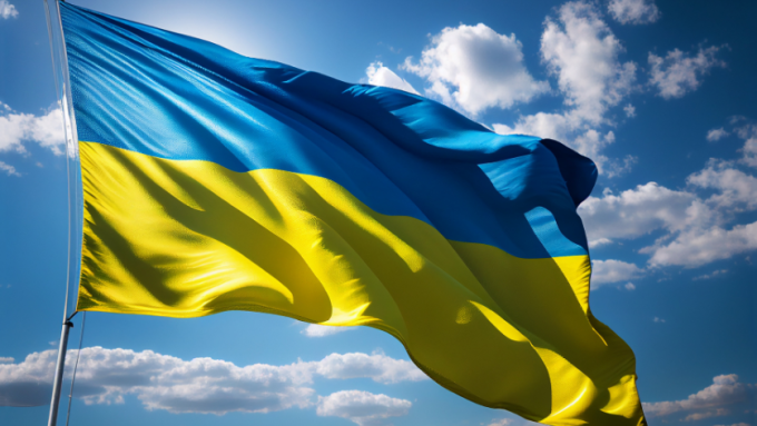 AI-generated image of Ukraine's blue and yellow flag set against a blue sky