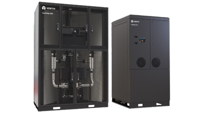 VertivTM CoolChip CDU 2300kW liquid-to-liquid and Vertiv CoolChip CDU 350kW liquid-to-air coolant distribution units for AI applications.