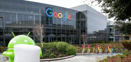 A logo sign outside of the headquarters of Google, also known as the "Googleplex" in Mountain View, California on January 24, 20