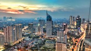 City skyline at sunset, Jakarta, Indonesia