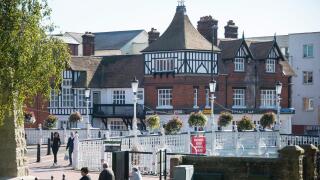 Bridge over River Medway, Tonbridge High Street, Tonbridge, Kent, England, United Kingdom