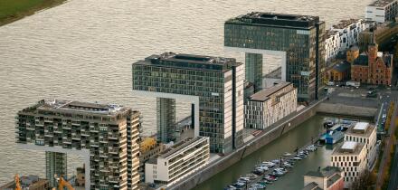 Aerial, Crane building, Crane Houses, Rheinauhafen, Rhine, architect Alfons Lister, Cologne, Rhineland, Cologne Bay, North Rhine-Westphalia, Germany, 