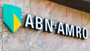 Brand name logo ABN AMRO bank on local branch office in Alkmaar, North Holland,  Netherlands