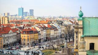 Warsaw city center with old town and modern skyscrapers, Poland