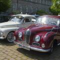 Two vintage cars in red and white parked next to each other in the shade, vintage car, Volvo PV 544, 1964, and BMW 502, 2600 L, 1962, Lower Saxony, Ge