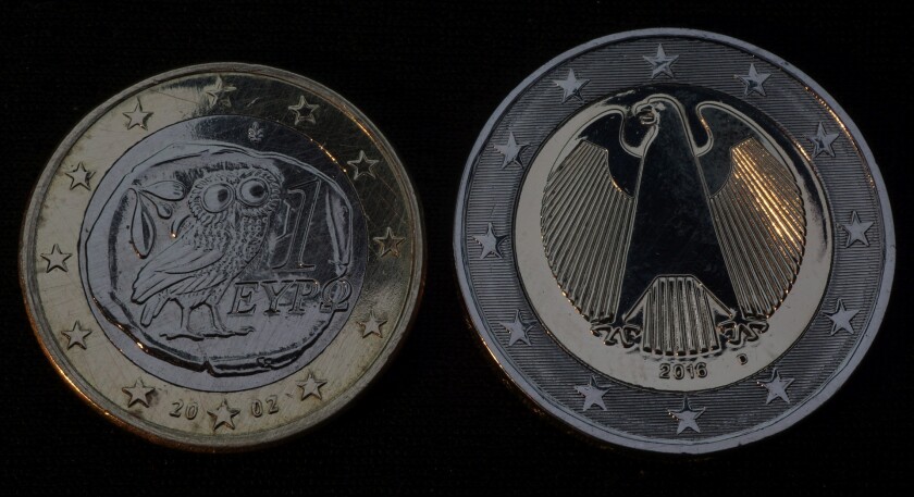 Greek and German euro coins