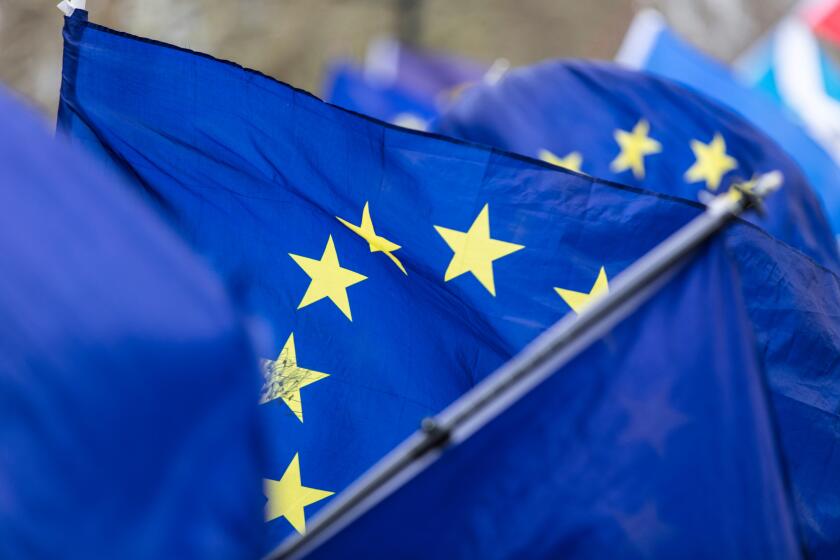 Flags of the European Union flying at a brexit march in London