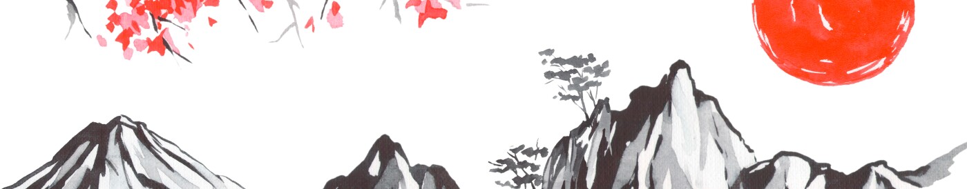 Japan traditional sumi-e painting. Fuji mountain, sakura, sunset. Japan sun. Indian ink illustration. Japanese picture.