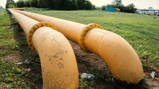 Yellow pipes for gas in nature. The concept of construction of gas pipelines. Transit of Russian gas to Europe via Ukraine.